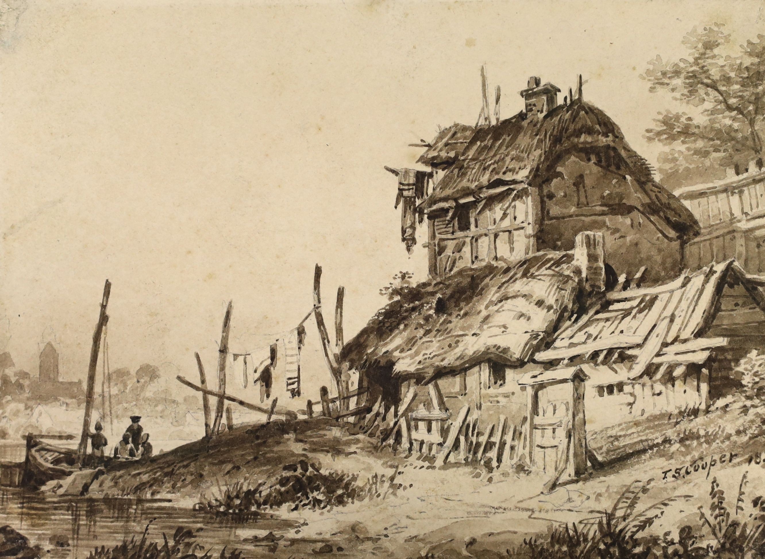 Thomas Sydney Cooper (1803-1902), sepia wash over pencil, 'On the river bank', signed and dated 1830, 11 x 15cm
